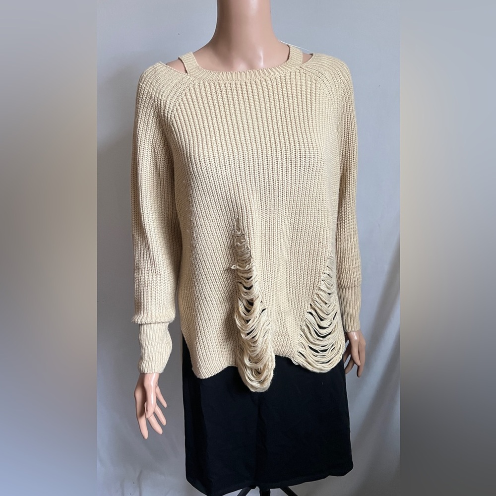 Khaki Crew Neck Sweater with Distressed Hem M/L